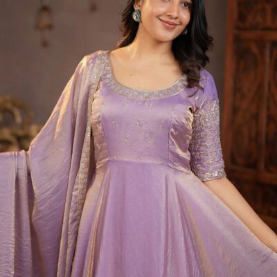 Embroidered Satin Silk Anarkali Gown for Women with Dupatta