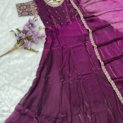 Embroidered Satin Silk Anarkali Gown for Women with Dupatta