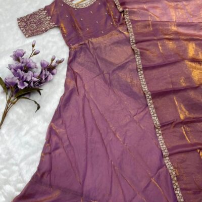 Embroidered Satin Silk Anarkali Gown for Women with Dupatta